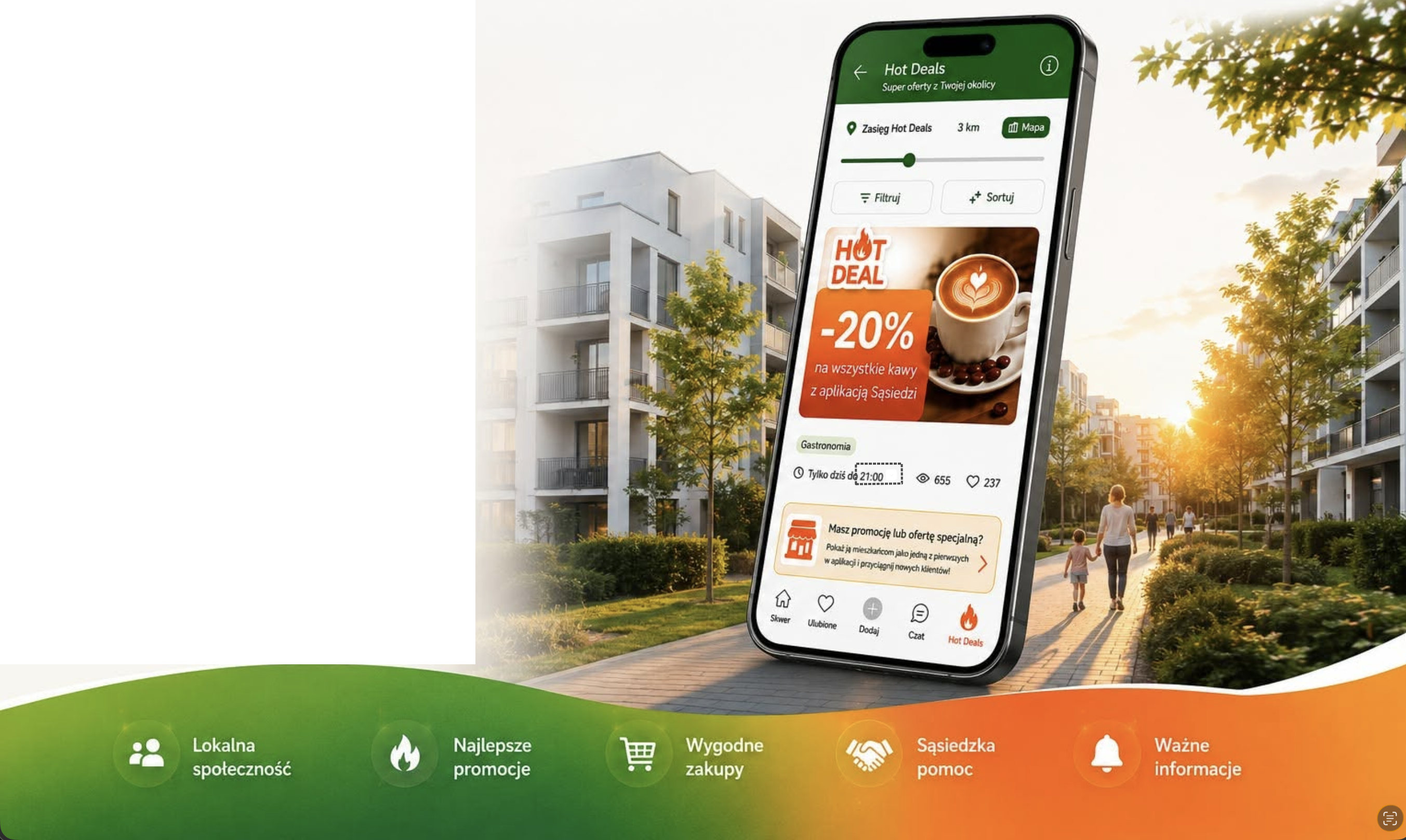 Aplikacja Sąsiedzi na telefonie z ofertą Hot Deals, w tle osiedle mieszkaniowe